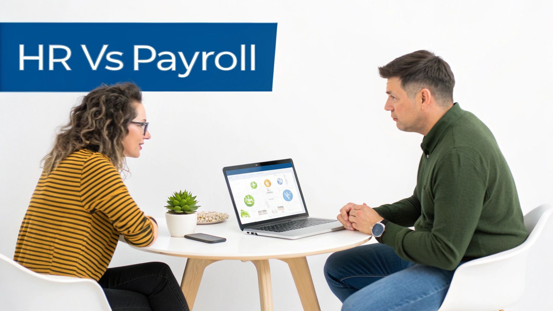 Two business professionals discussing HR and payroll with a laptop on a white table.