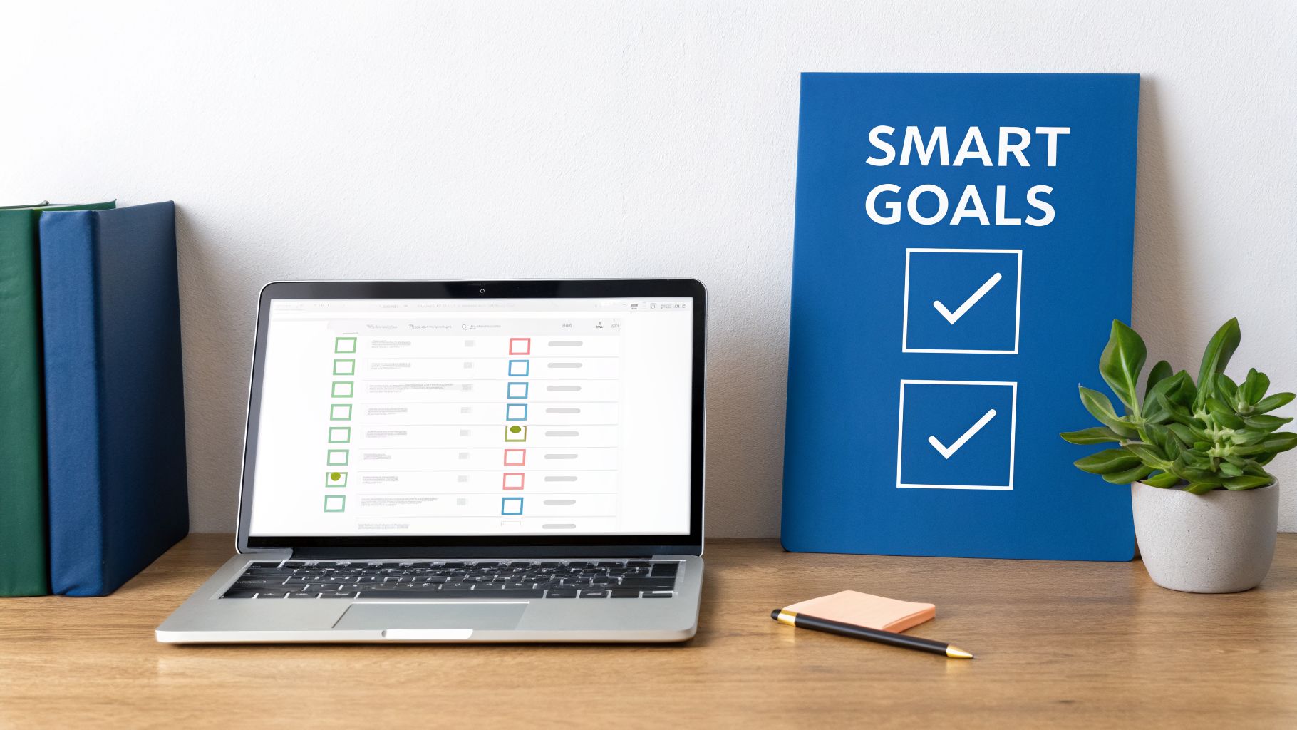 A home office desk with a laptop displaying a task list, a 'SMART GOALS' board, and office supplies.