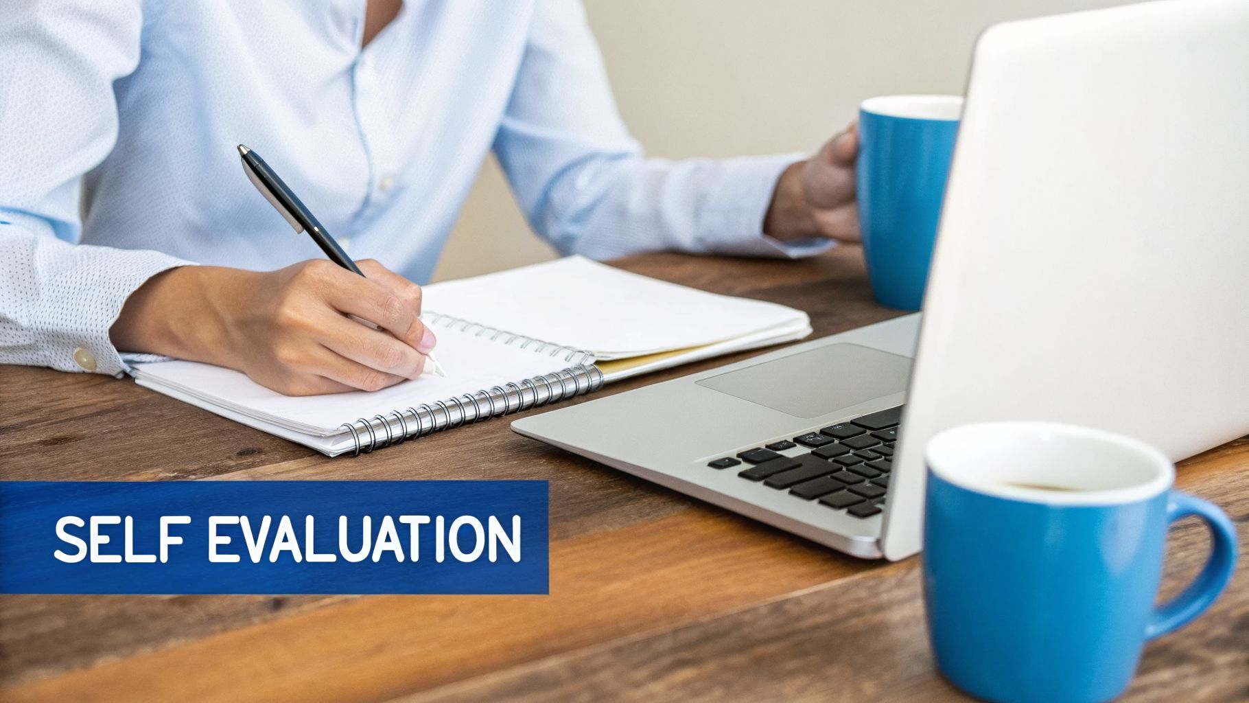 A person writes in a notebook on a wooden desk, with a laptop and blue mugs. Text: SELF EVALUATION.