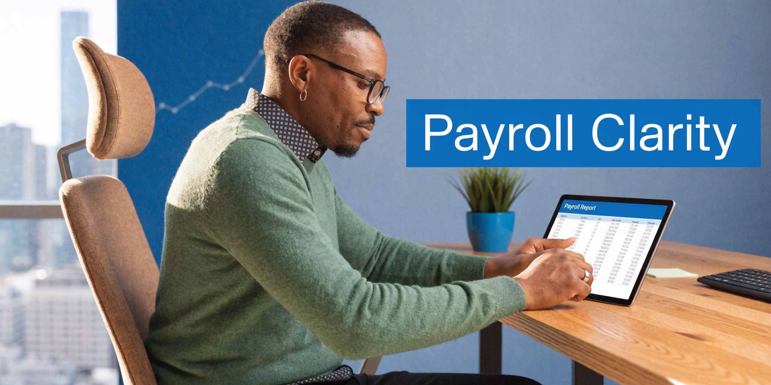 A professional man reviewing a digital payroll report on his tablet while sitting at a wooden desk.