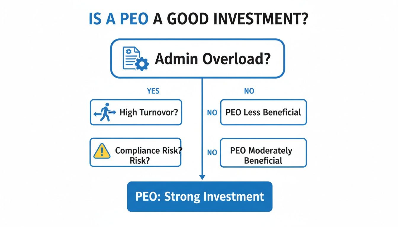 Flowchart evaluating if a PEO is a good investment based on admin overload, high turnover, and compliance risk.