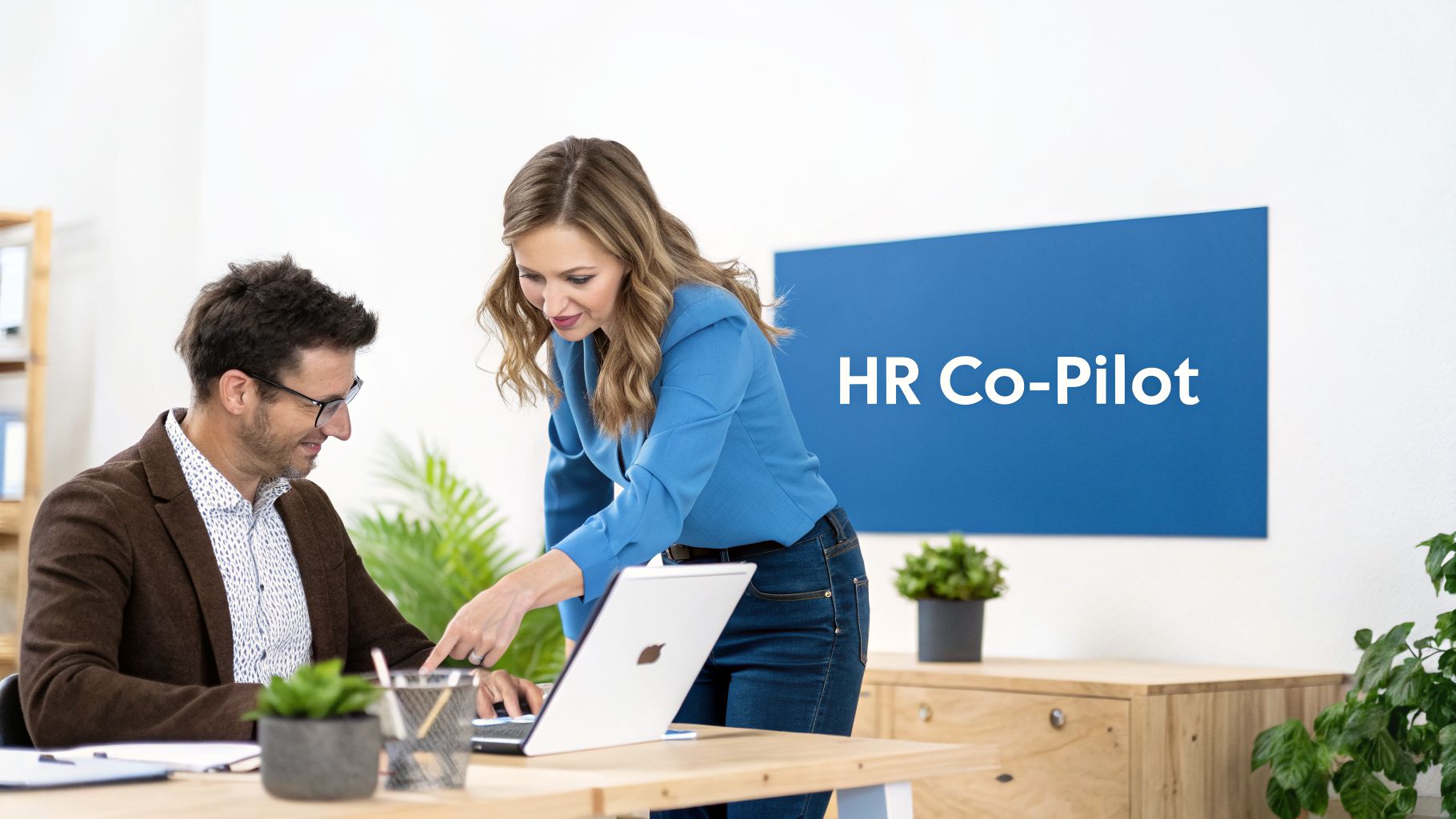 Two professionals collaborating on a laptop at an office desk, with 