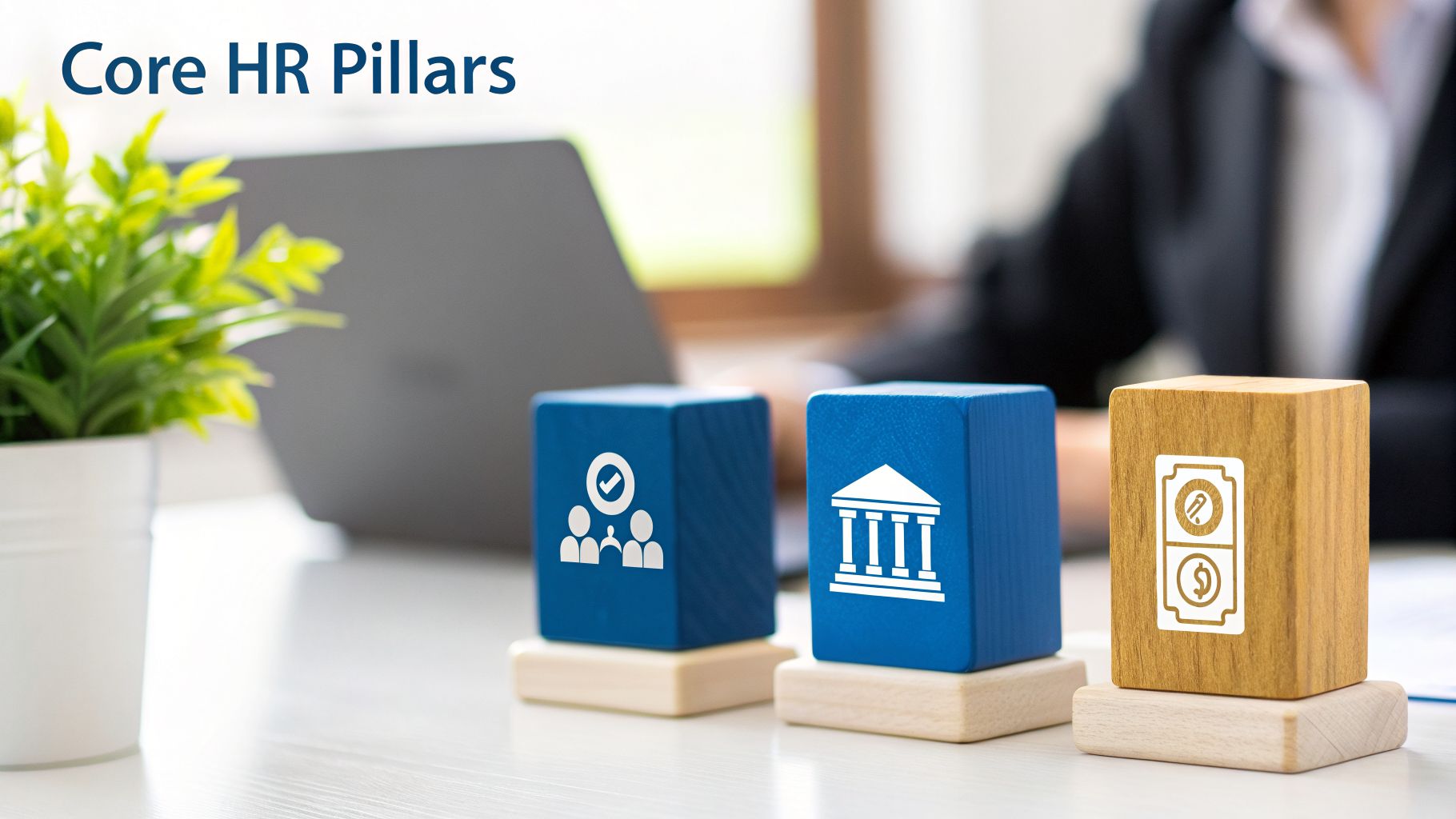 Three blocks representing core HR pillars: recruitment, compliance, and compensation, on a white desk.