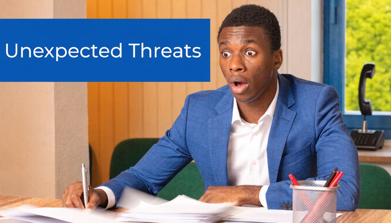 A surprised businessman in a blue suit reacting to documents while working at his desk.
