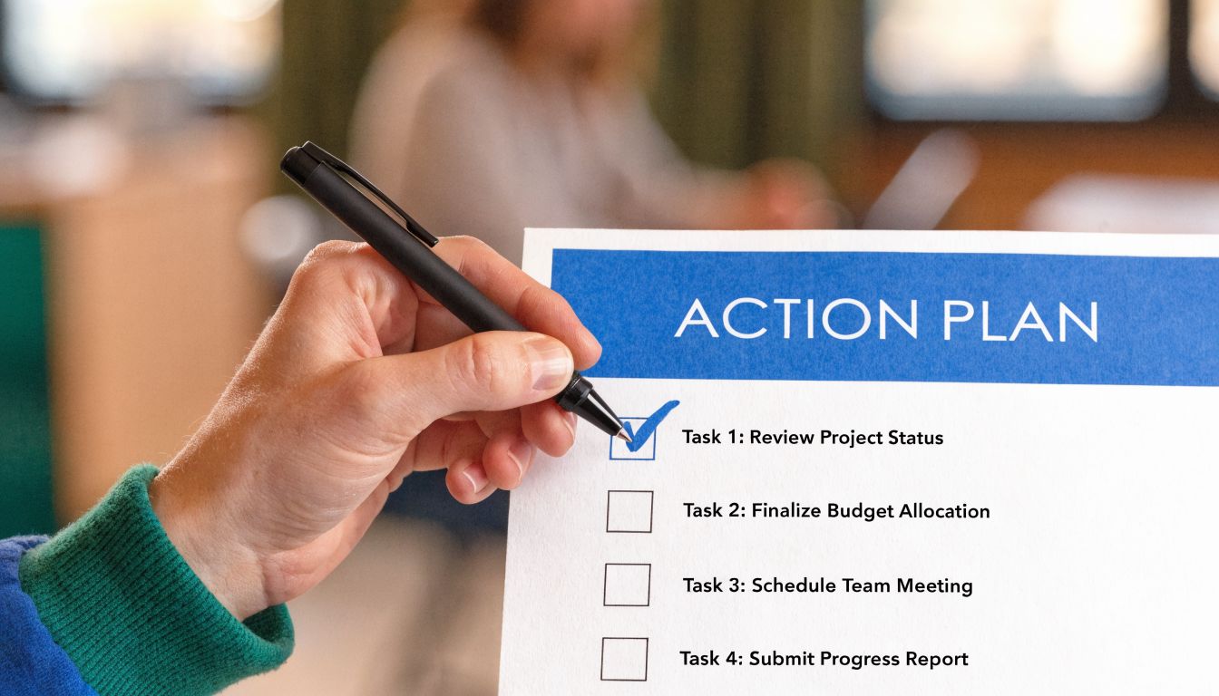 A close-up view of a hand marking off a checklist titled Action Plan on a white paper.
