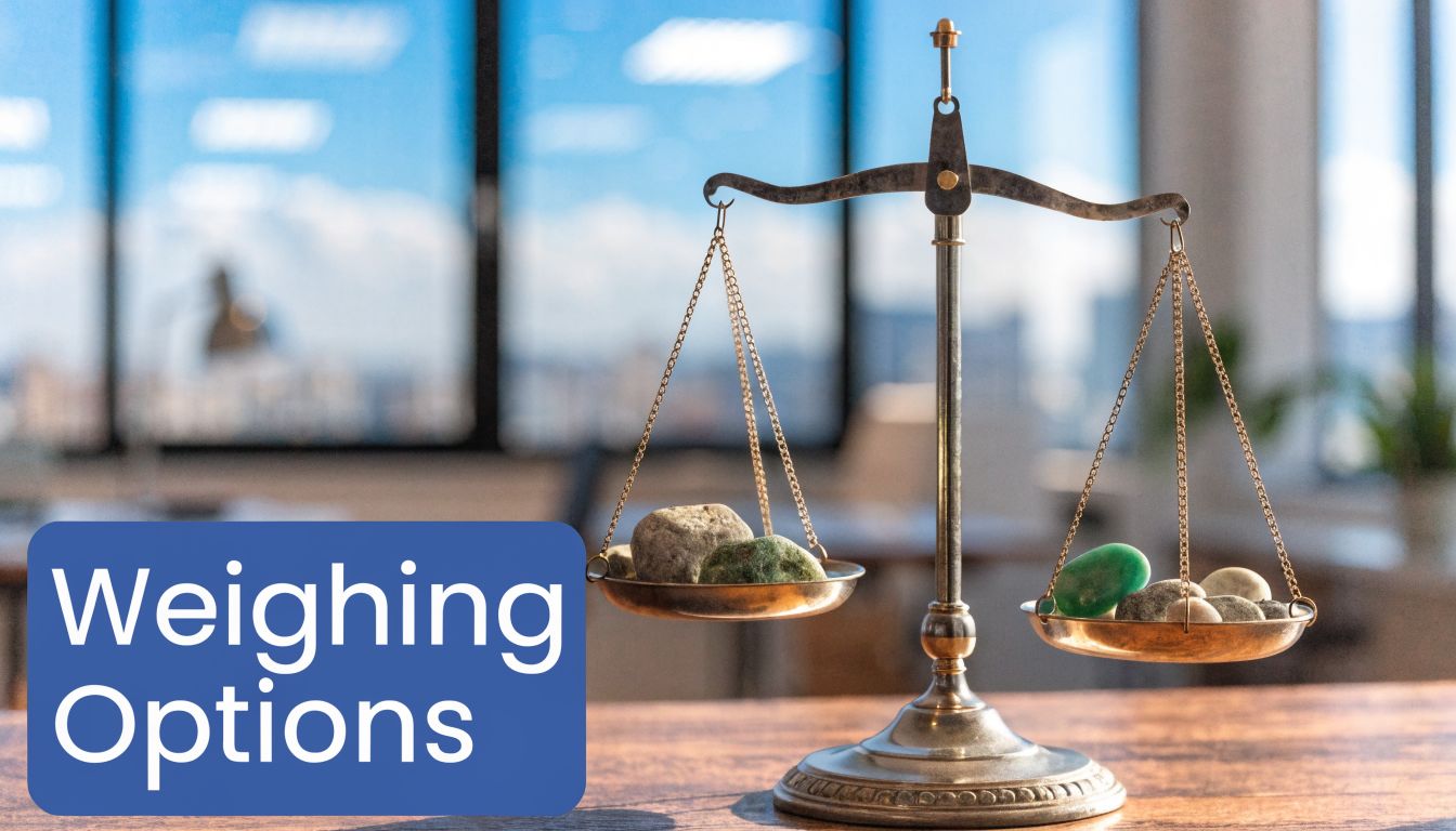 An antique balance scale weighing stones on a desk, representing the concept of making business decisions.