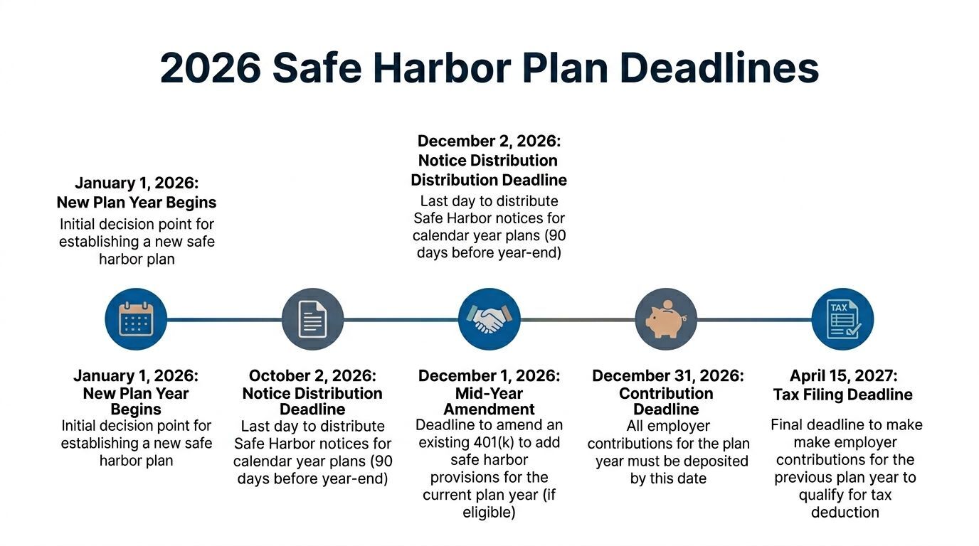 A timeline graphic showing key administrative and contribution deadlines for 2026 safe harbor 401(k) retirement plans.