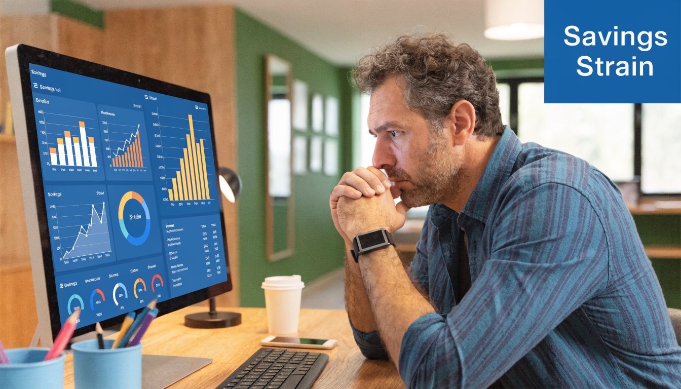 A concerned middle-aged man reviewing financial data charts on a computer screen in his home office.