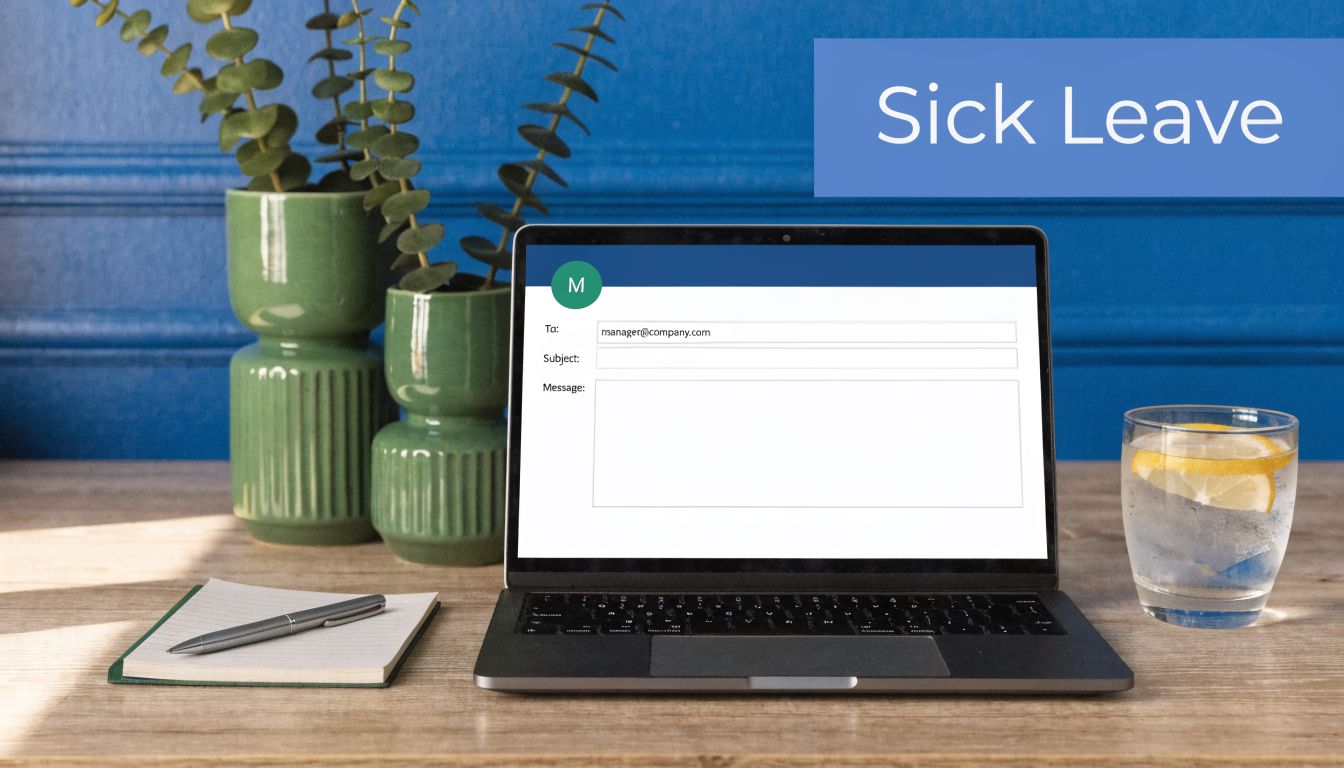 A laptop on a desk showing a blank sick leave email template ready to be sent.