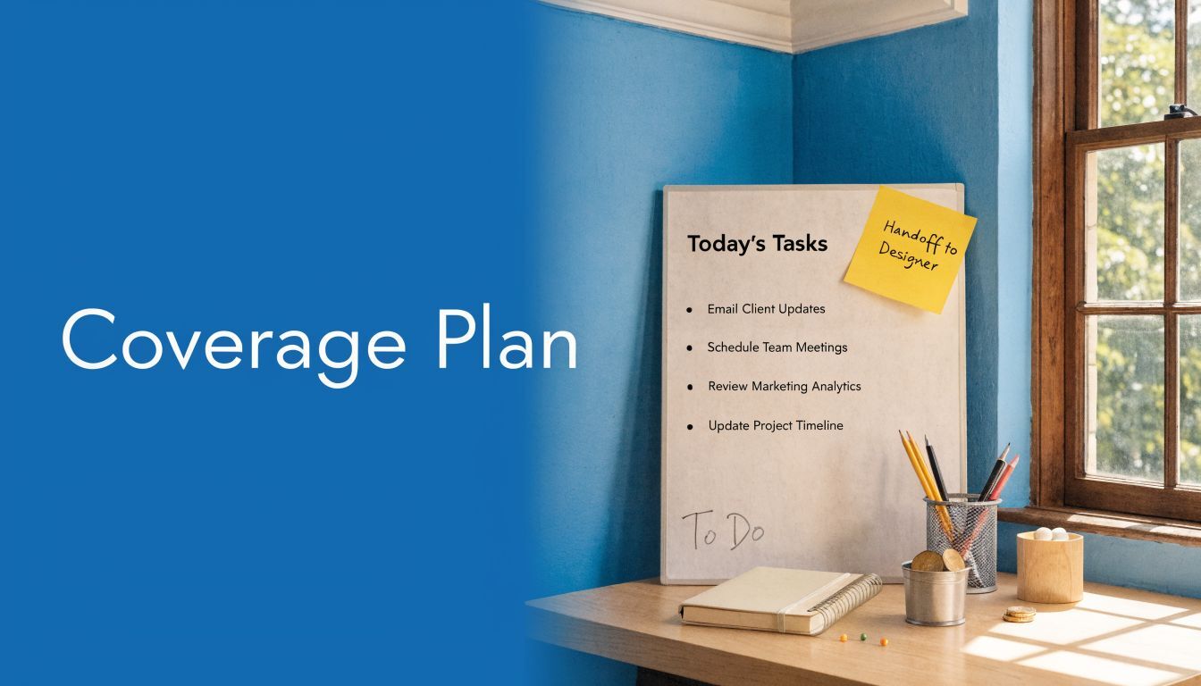 A workspace with a task list written on a whiteboard with sticky notes and stationery items.