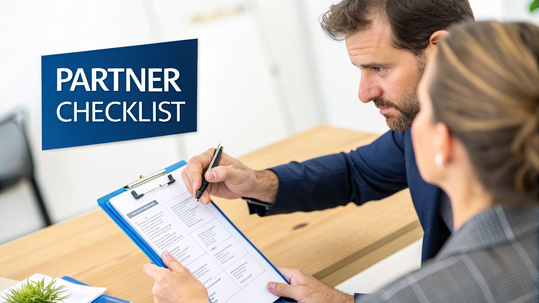 Two business professionals review a partner checklist on a clipboard, discussing collaboration details.