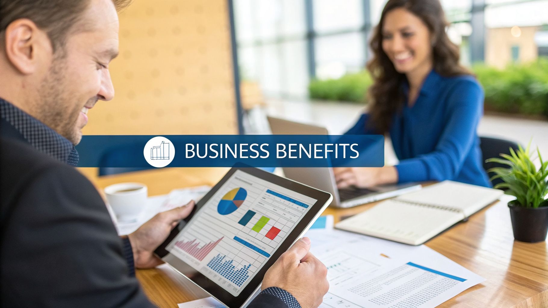 A smiling man analyzes business charts on a tablet, while a woman works on a laptop in an office.