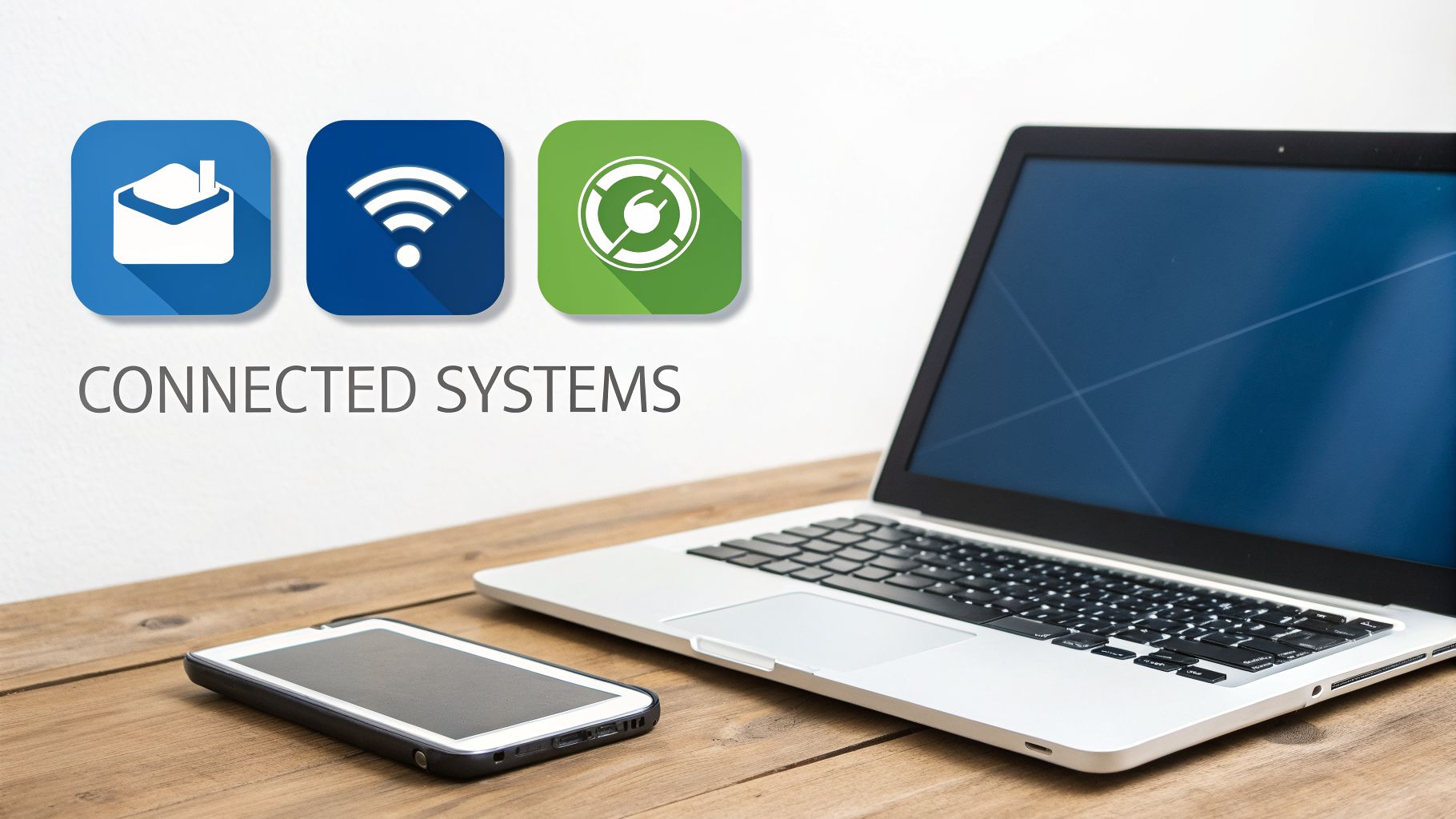 Laptop and smartphone on a wooden desk, with icons representing connected systems and Wi-Fi.