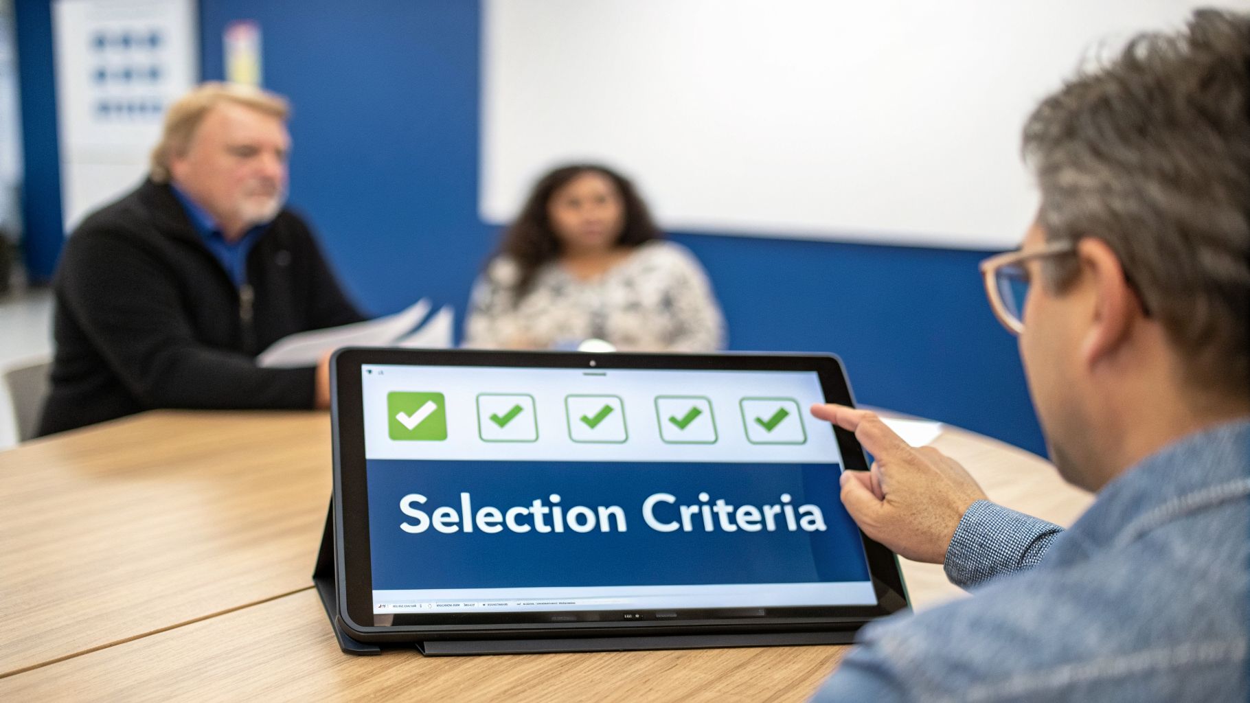A person points at a tablet displaying 