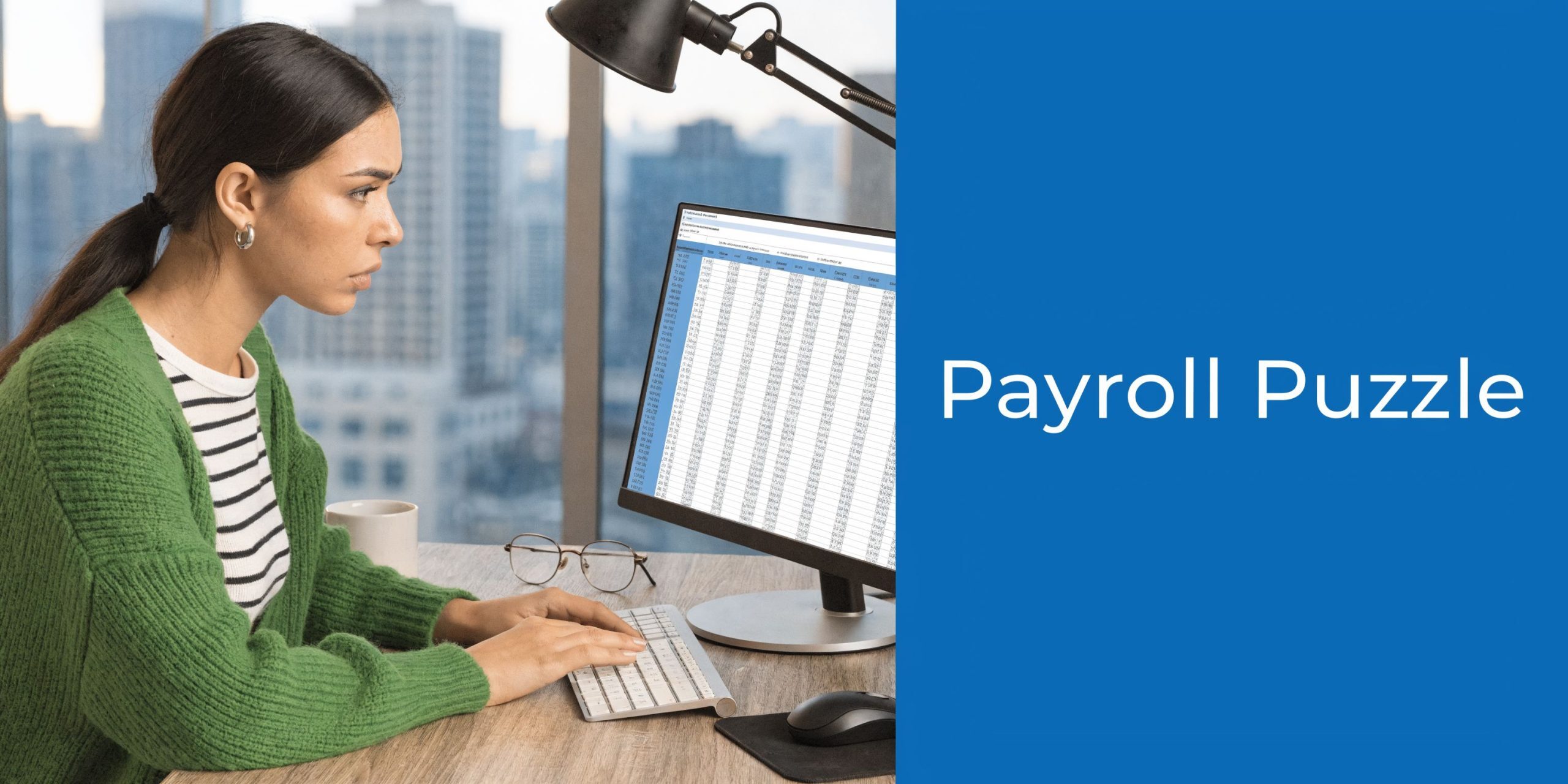 A focused professional woman working at a computer in a modern office with a payroll puzzle theme.