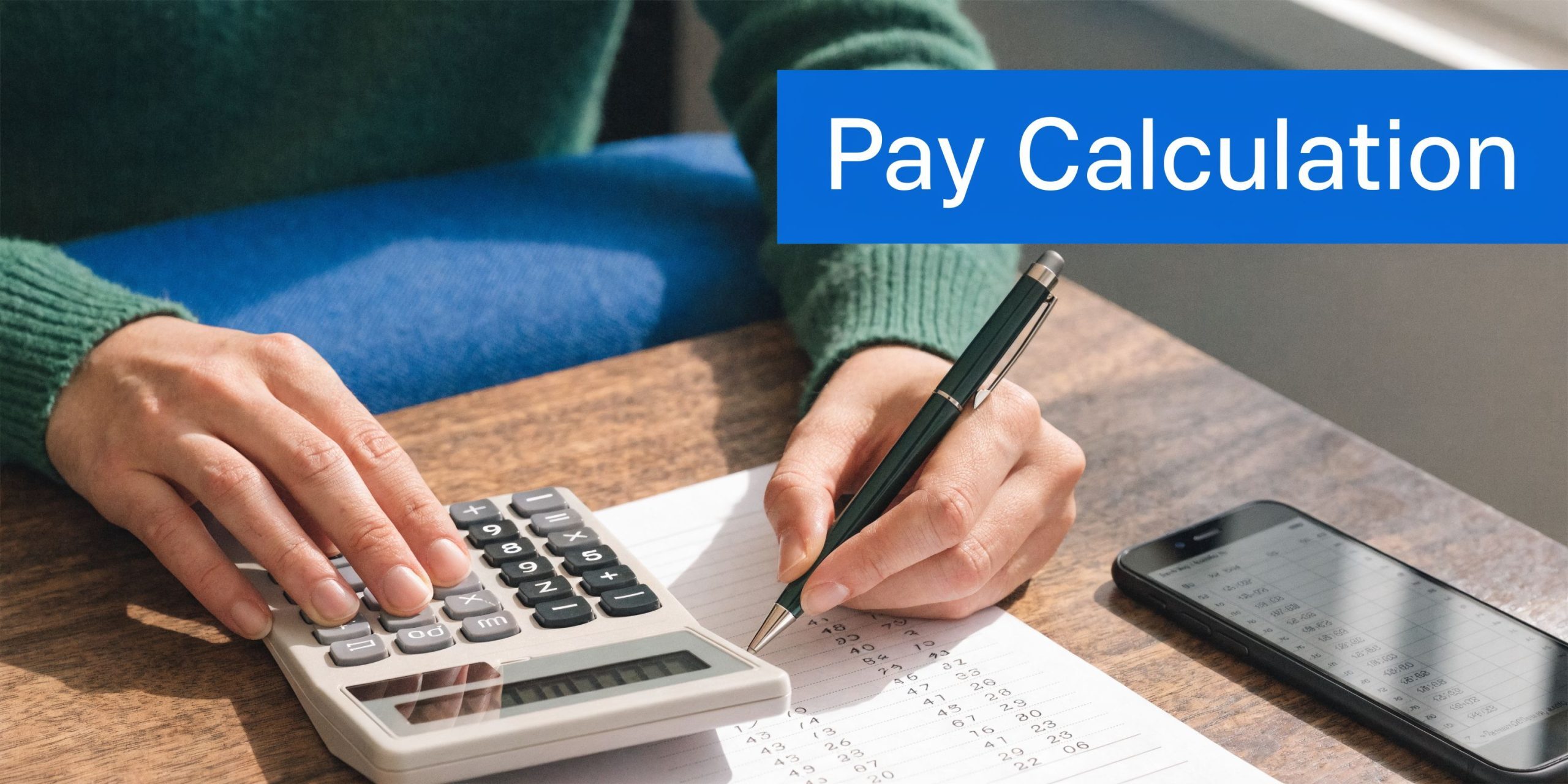 A person using a calculator and writing notes on paper to calculate payroll and salary information.