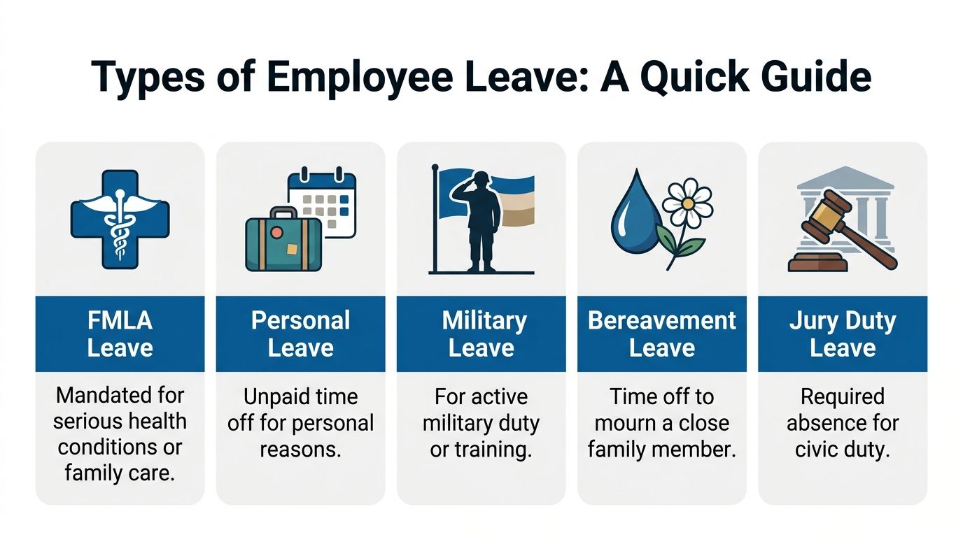 A quick guide infographic detailing five common types of employee leave, including medical, personal, military, bereavement, and jury duty.