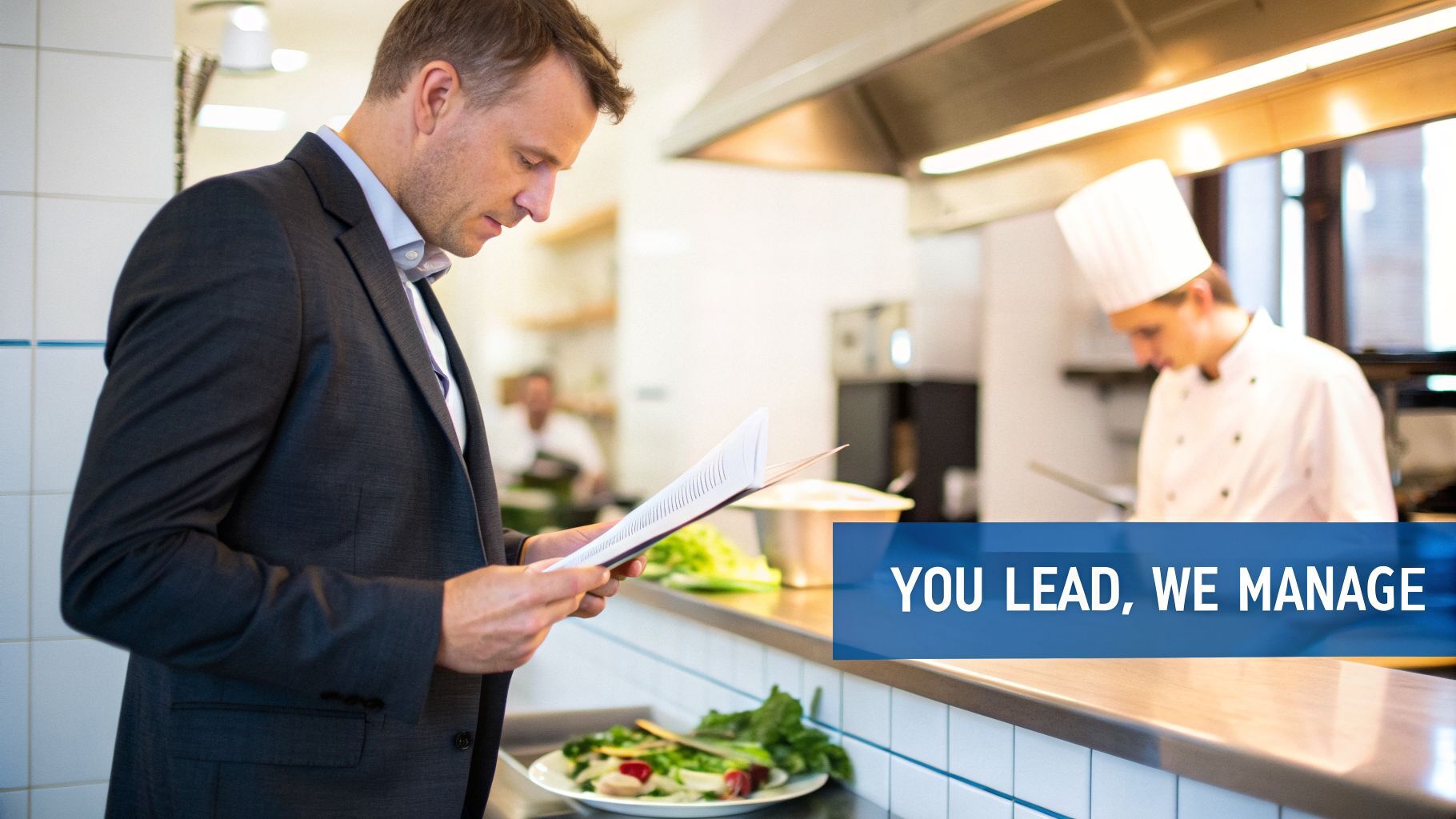 A man in a suit reviews documents in a modern commercial kitchen with a chef working in the background.
