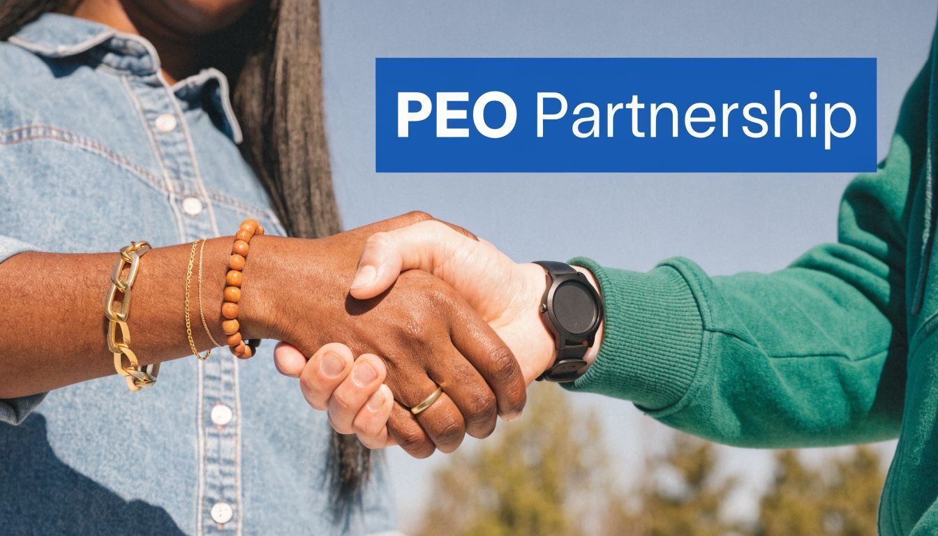 Two business professionals shaking hands, symbolizing a successful PEO partnership and professional collaboration in the workplace.