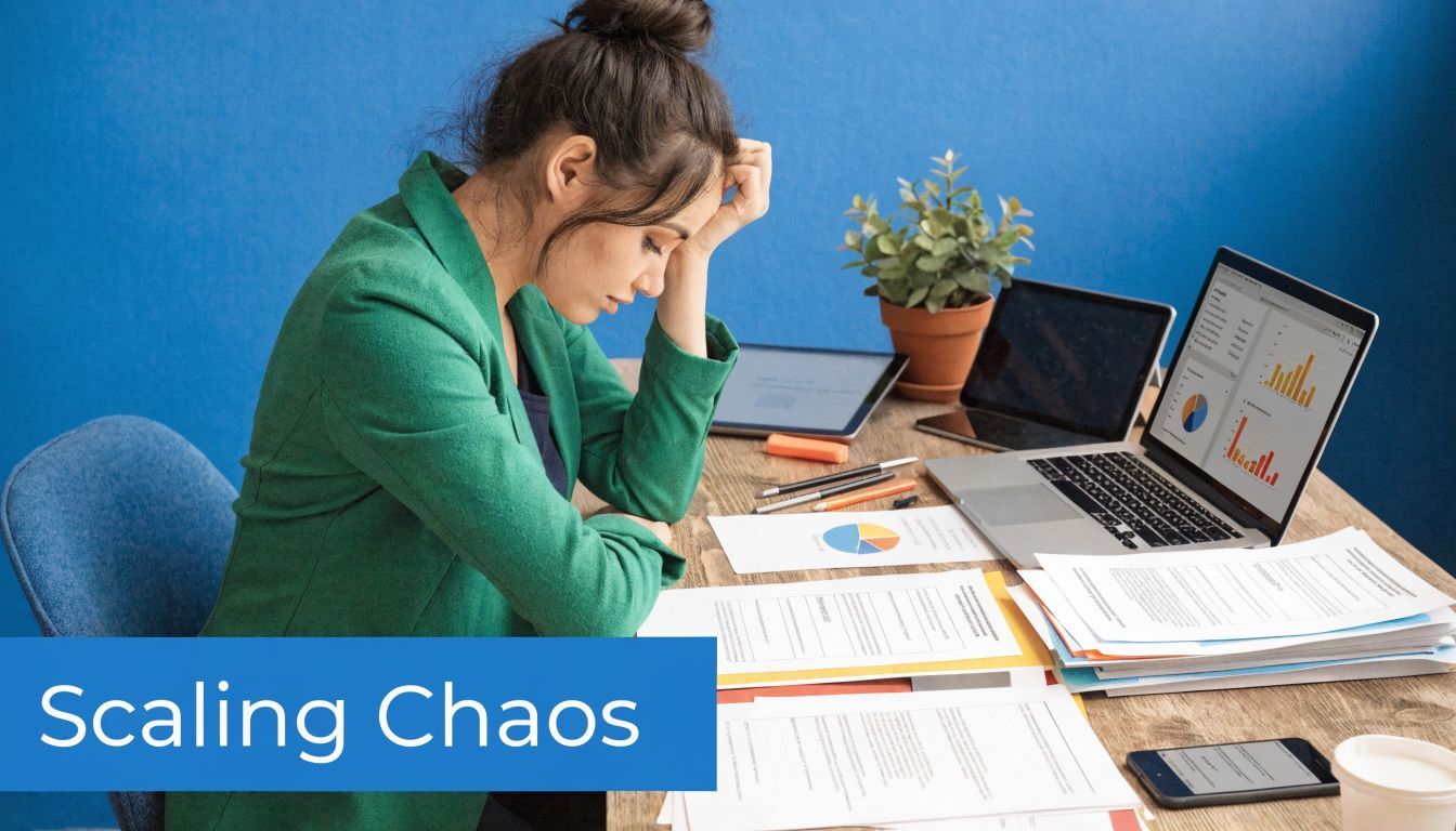 A stressed woman sits at her desk, overwhelmed by work documents and complex business analytics on laptops.