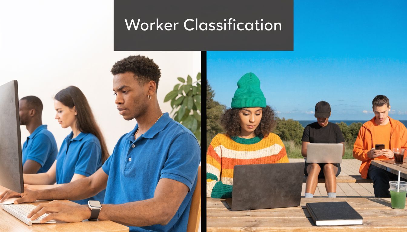 A split screen comparing indoor office workers in blue shirts with outdoor remote workers on laptops.