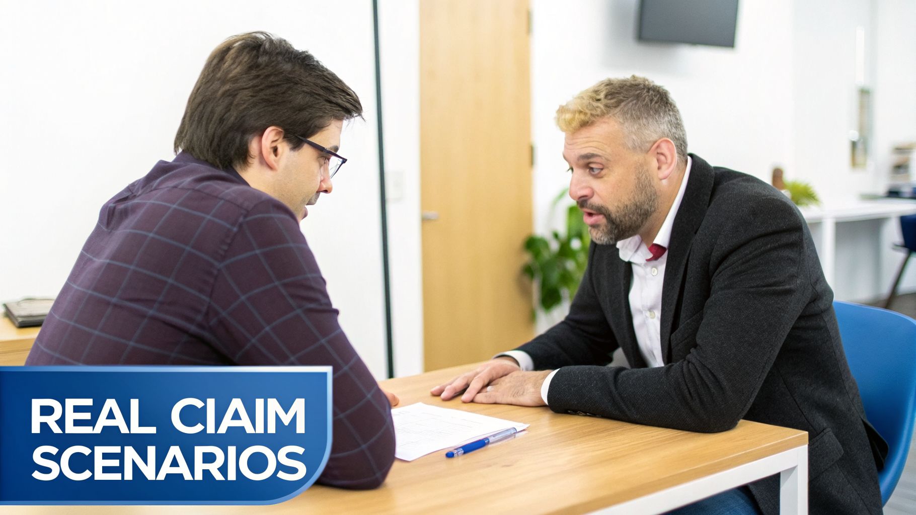 Two men sit at a table discussing documents, symbolizing real claim scenarios.