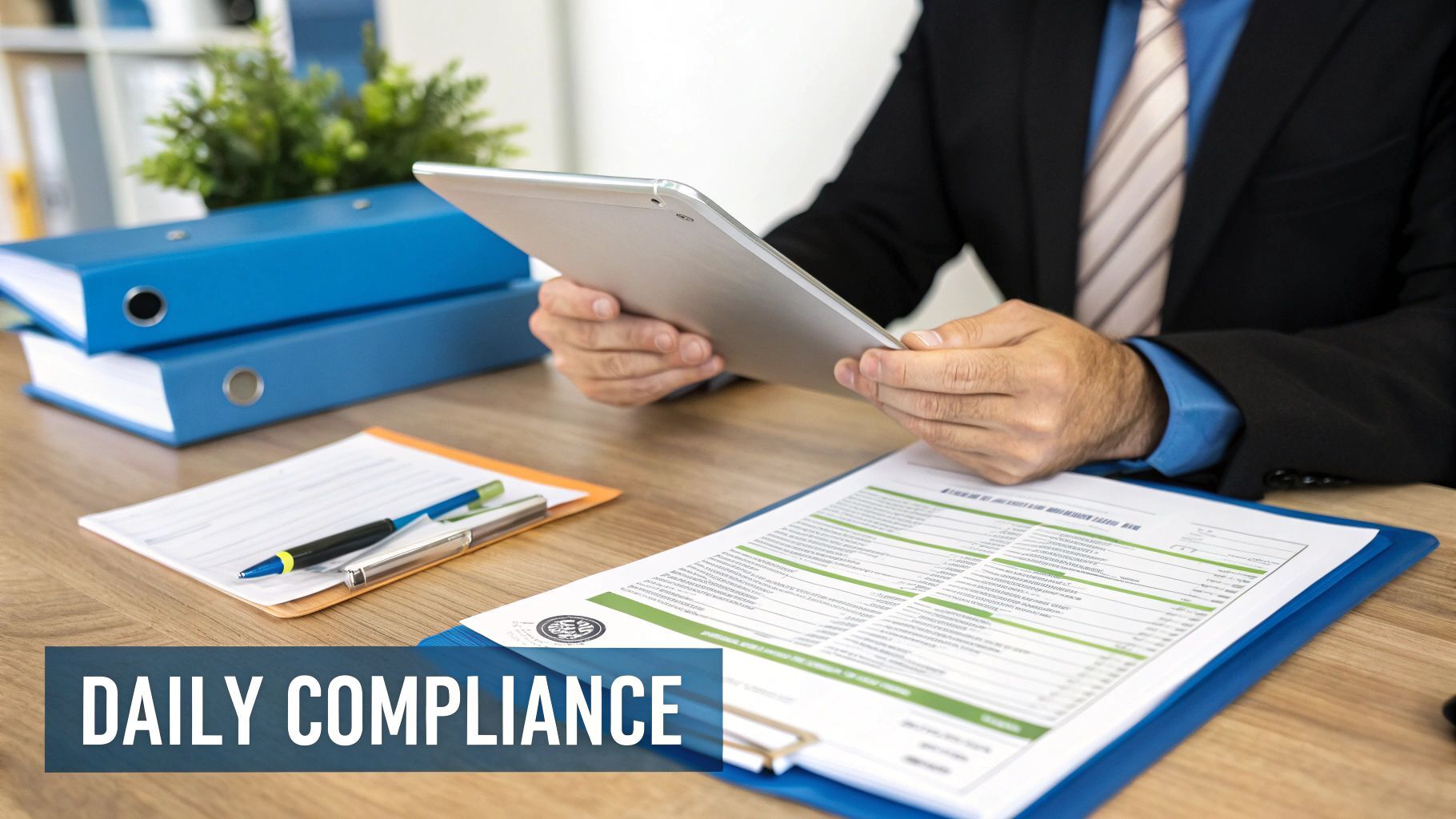 Businessman checking daily compliance on a tablet with documents and binders on an office desk.