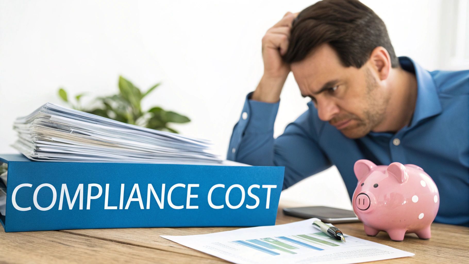 Stressed man reviews documents next to a 'Compliance Cost' folder, piggy bank, and chart.