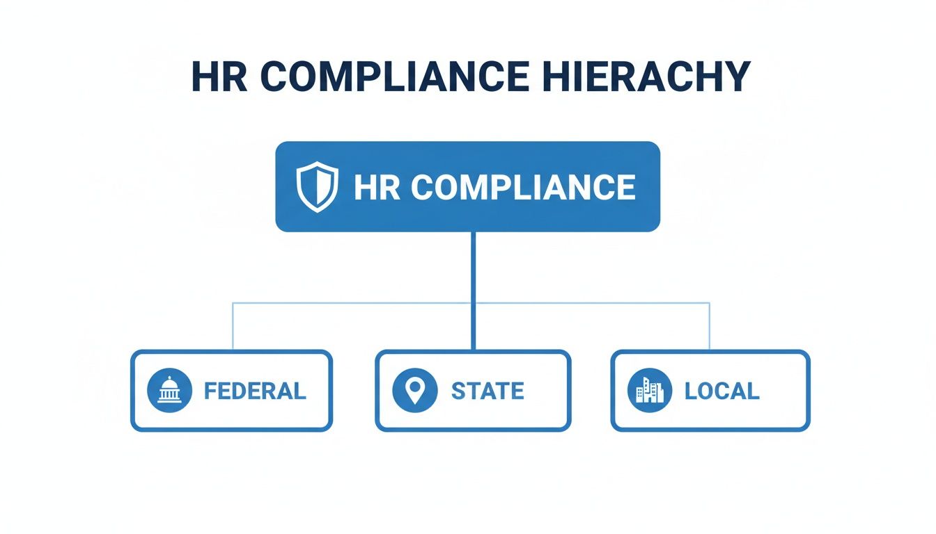 A hierarchical diagram illustrating HR compliance levels: Federal, State, and Local regulations.