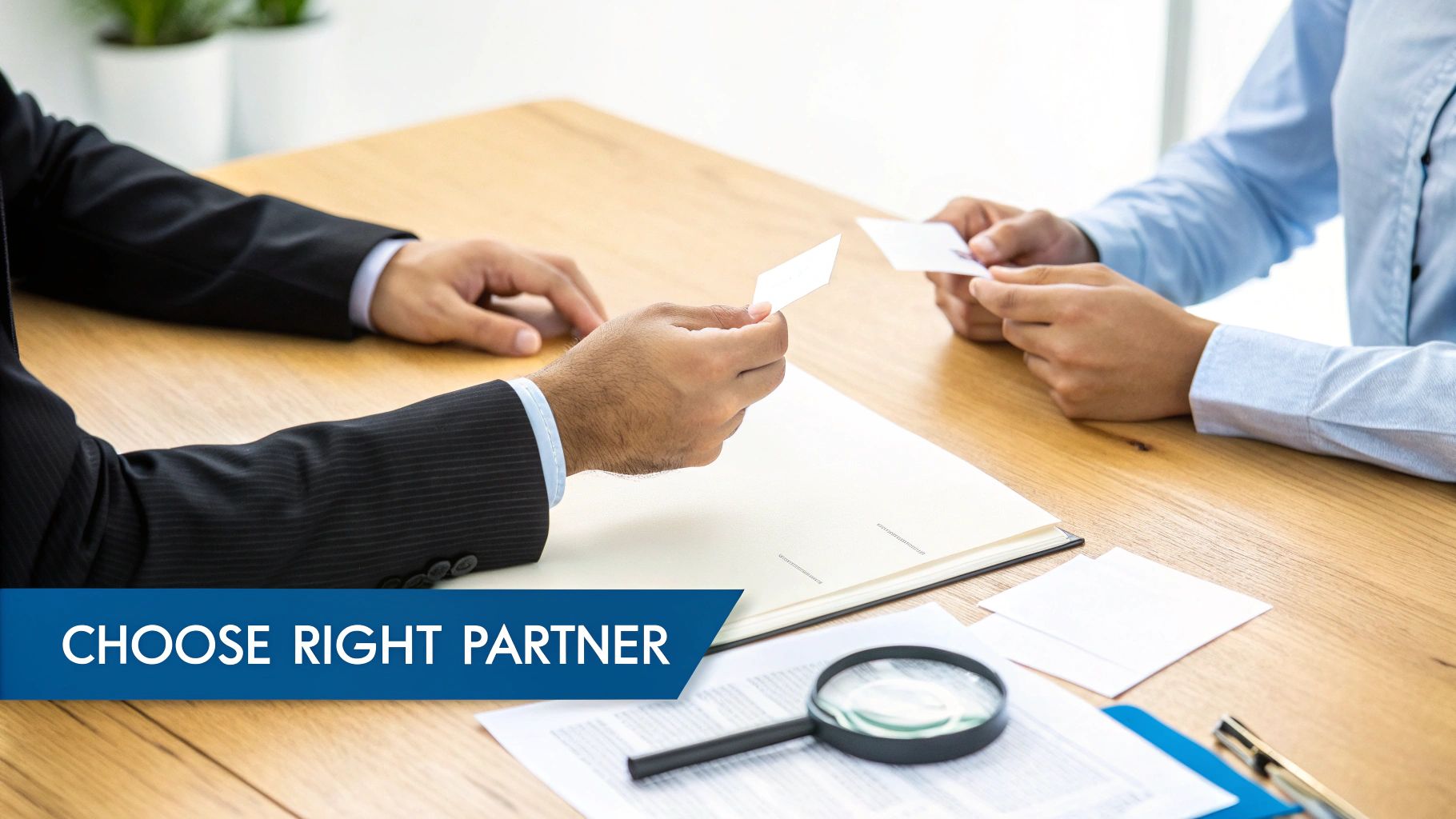 Two business people exchanging white business cards across a wooden desk with a magnifying glass.