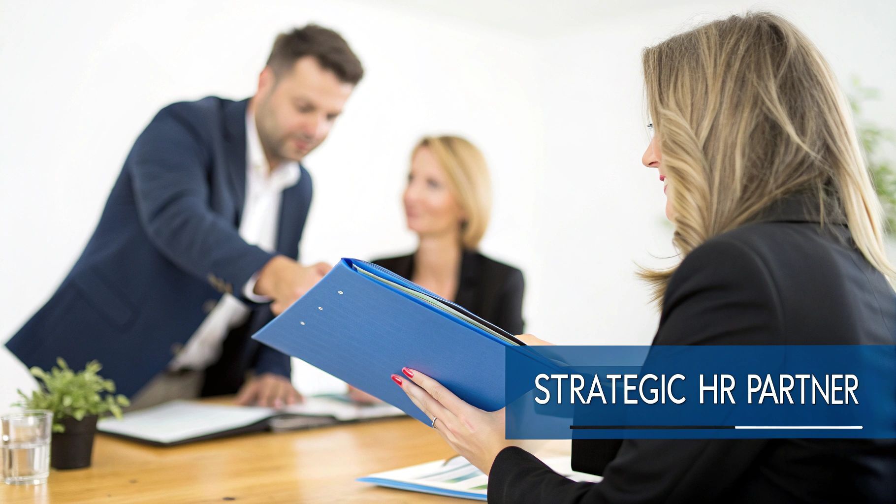 Three business professionals in a meeting. A woman holds a binder while a man reaches out, implying partnership or an HR consultation.