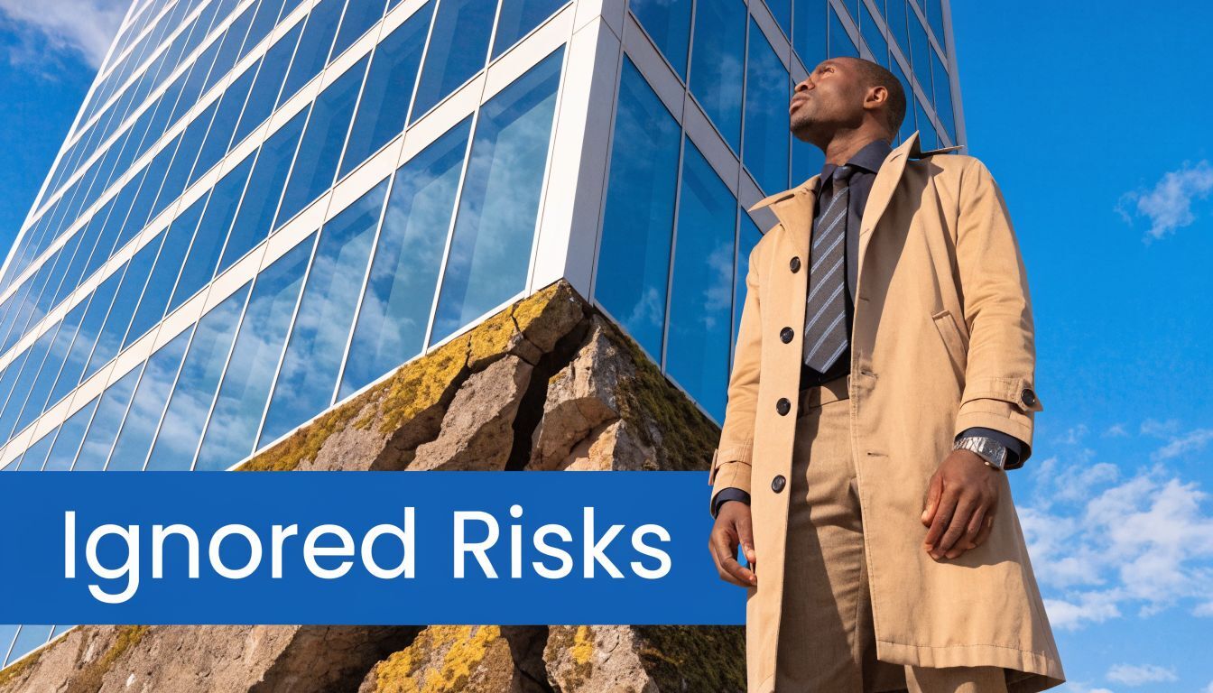 A professional man looking up at a modern office building standing on a crumbling rock base.