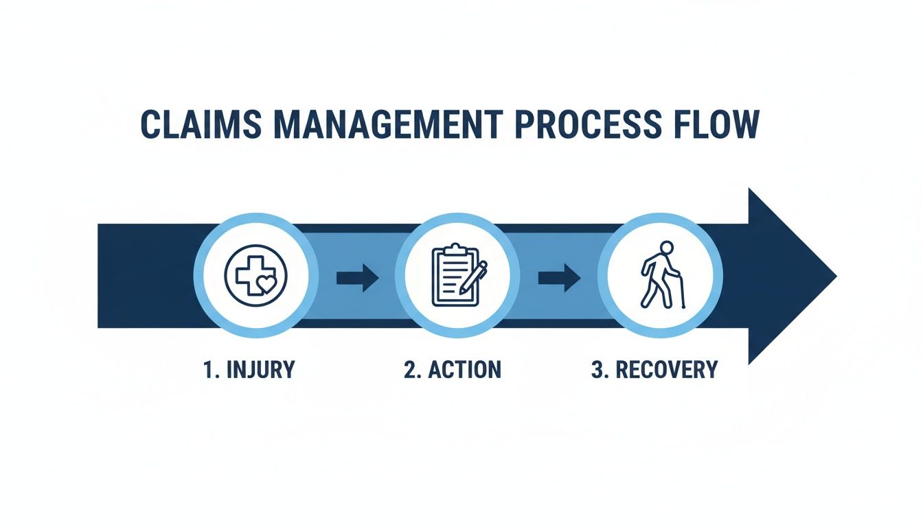 Claims management process flow visualizes injury, action, and recovery stages with relevant icons.