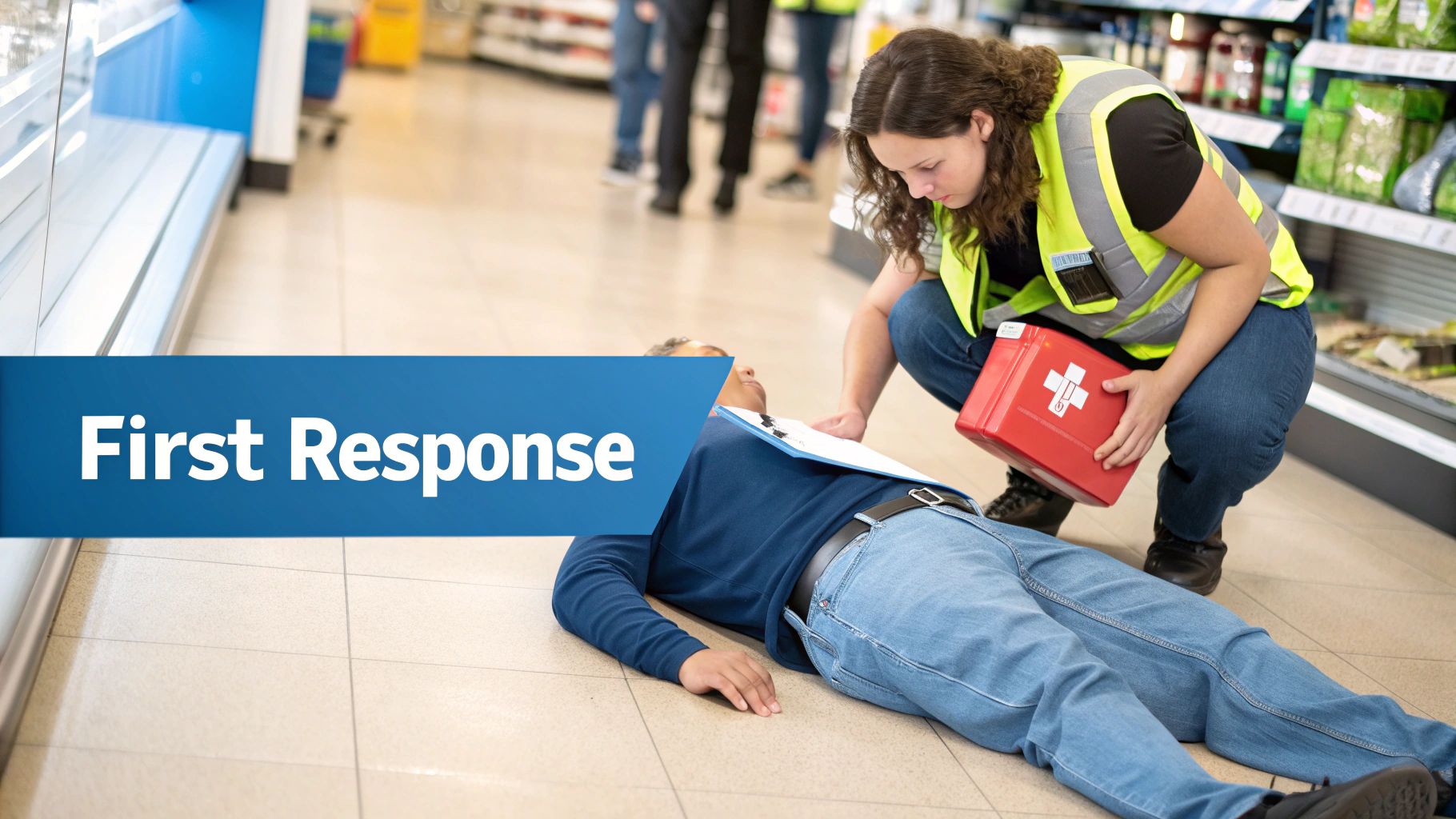 A first responder in a high-vis vest provides first aid to an unconscious person on a store floor.