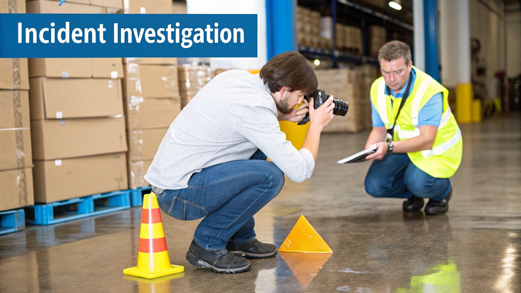 Two workers investigate an incident in a warehouse, one taking photos, the other documenting with a tablet.