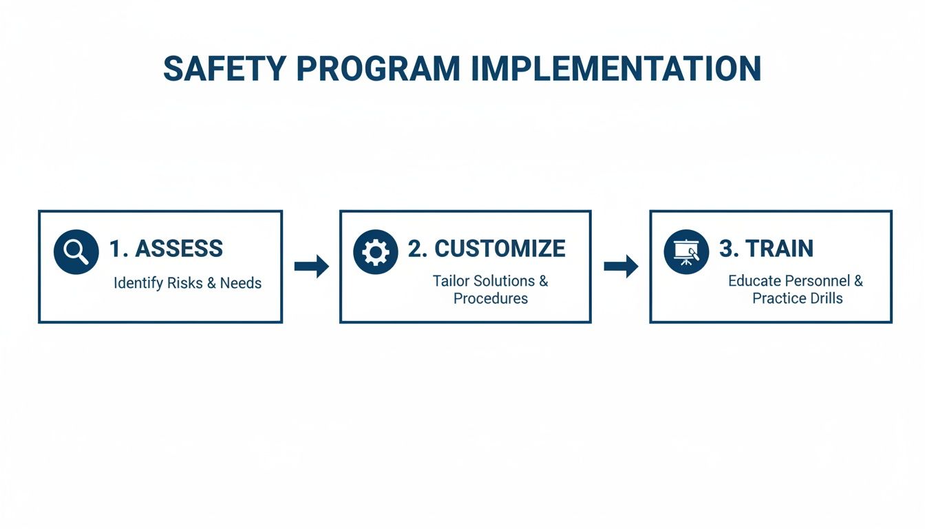 Flowchart showing a three-step safety program implementation: assess risks, customize solutions, and train personnel.