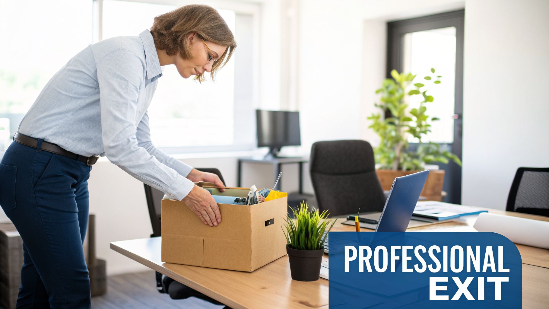 A woman packs personal items into a cardboard box on an office desk, signifying a professional exit.