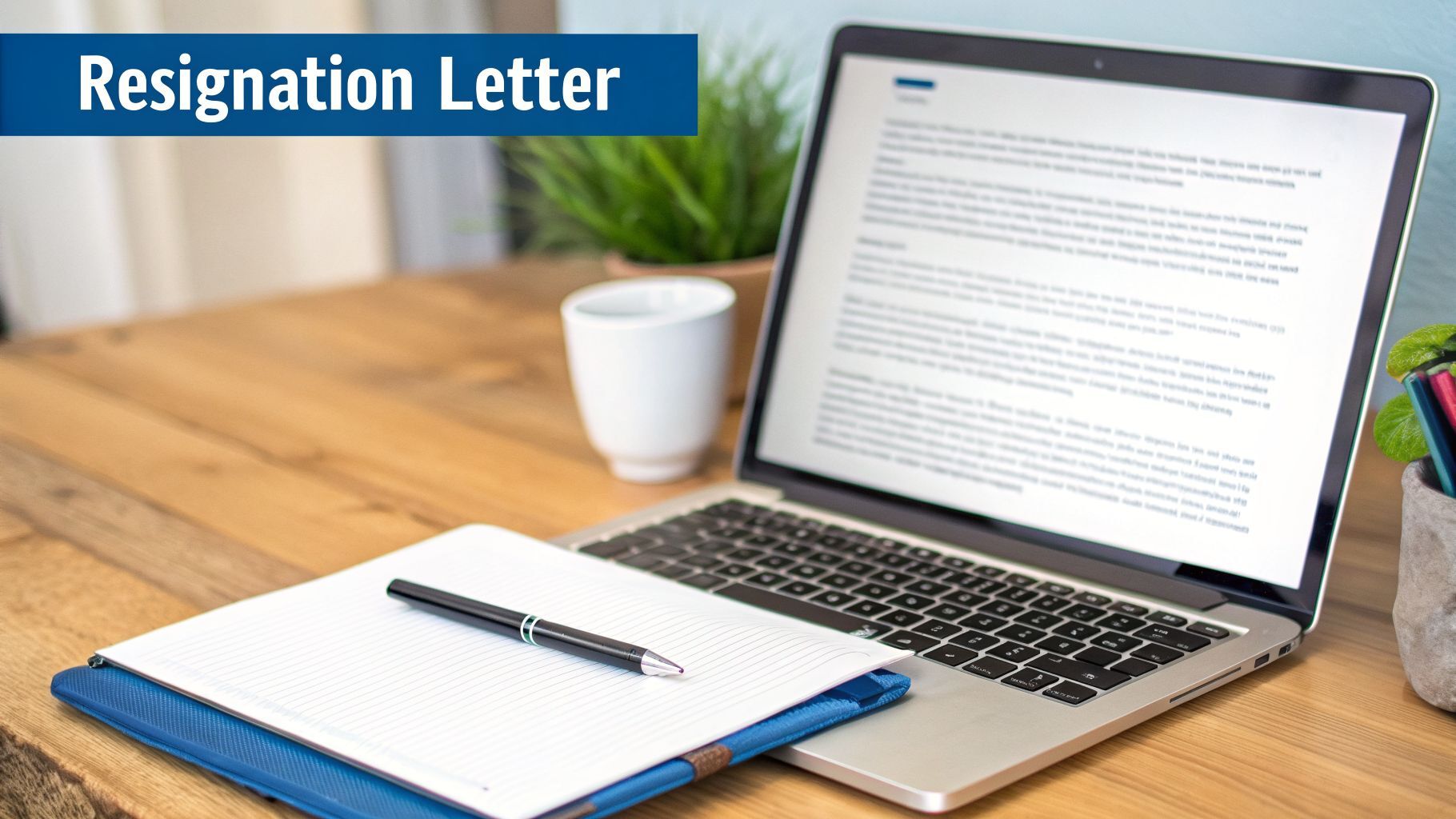 A laptop displays a resignation letter document on a wooden desk with a notebook, pen, and coffee cup.