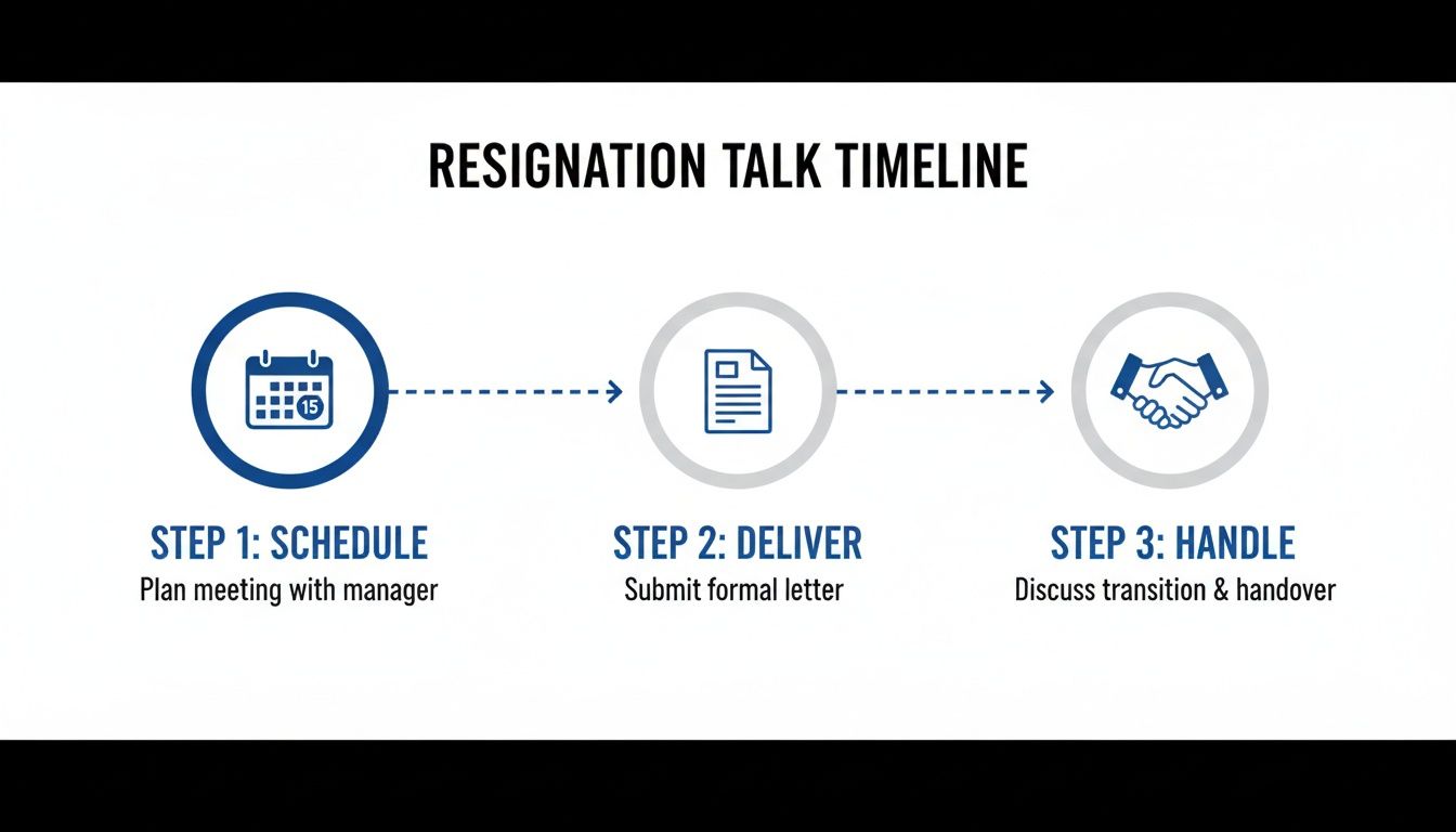 A timeline showing 3 steps for resignation: schedule meeting, deliver formal letter, and discuss handover.